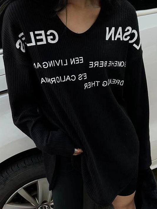 Letter Print U Neck Irregular Slit Long Sleeve Knit