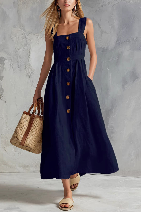 Linen Blend Solid Color Square Neck Sleeveless Button Casual Maxi Dress