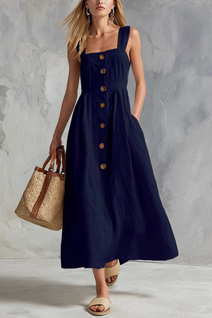 Linen Blend Solid Color Square Neck Sleeveless Button Casual Maxi Dress
