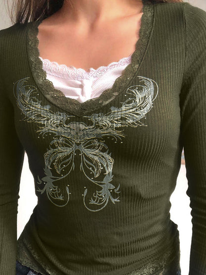 Vintage Graphic Print Lace Trim Splice Long Sleeve Knit