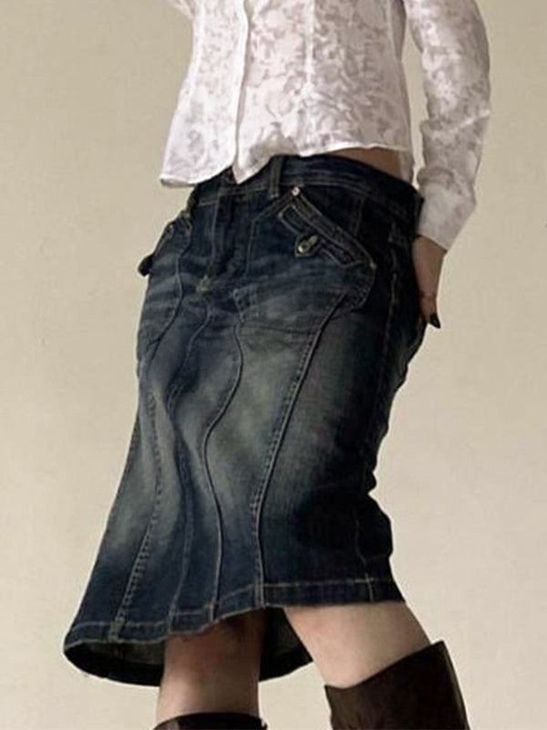 Distressed Washed Slim Straight A Line Denim skirt