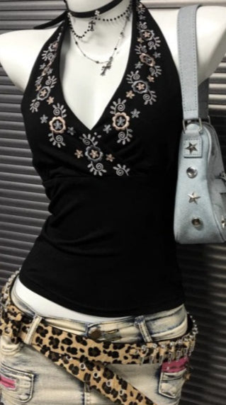 Y2K Black V-neck Embroidered Halter Backless Retro Cami Top