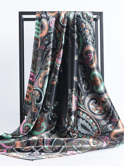 Vintage Flowers Square Scarf For Women Shawls Neckerchief Female Print Headband On the Head Wraps Foulard Hijab Hair Bands 90*90cm for Women