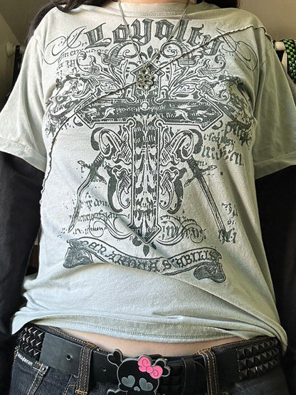 Gothic Cross Print 2 In 1 Long Sleeve Tee