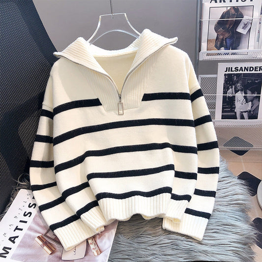Jersey holgado de punto a rayas con cremallera para mujer | Ideal para otoño/invierno
