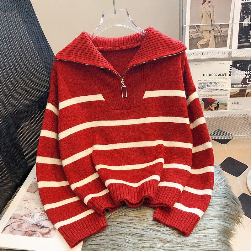Jersey holgado de punto a rayas con cremallera para mujer | Ideal para otoño/invierno