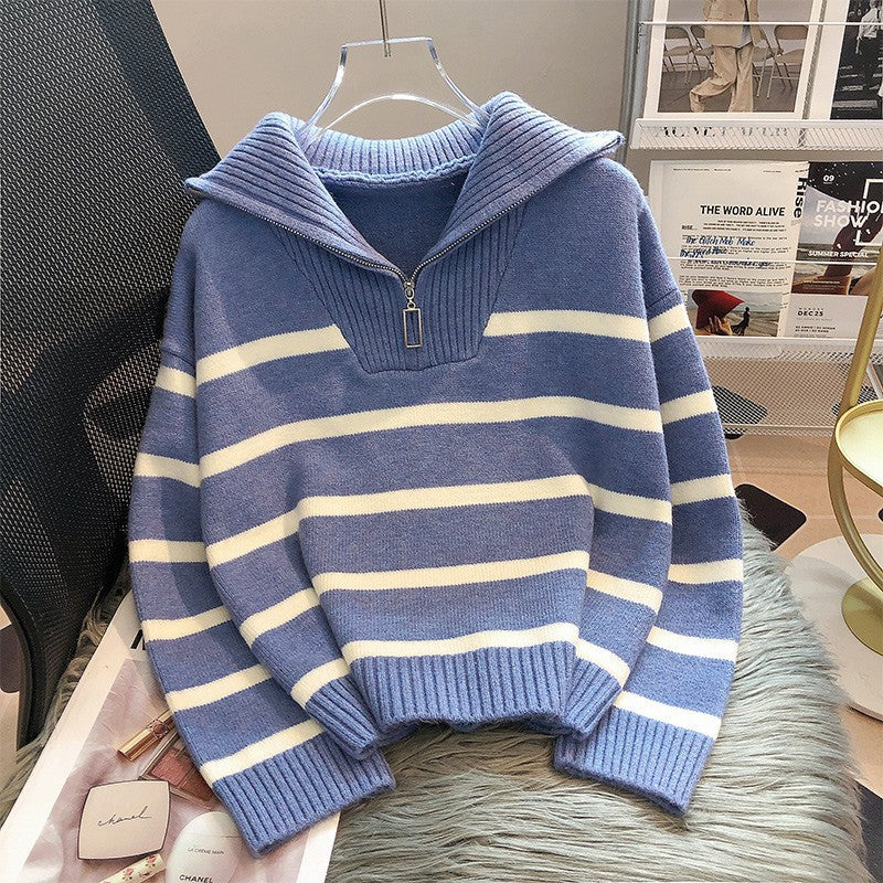 Jersey holgado de punto a rayas con cremallera para mujer | Ideal para otoño/invierno
