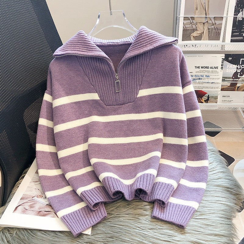 Jersey holgado de punto a rayas con cremallera para mujer | Ideal para otoño/invierno