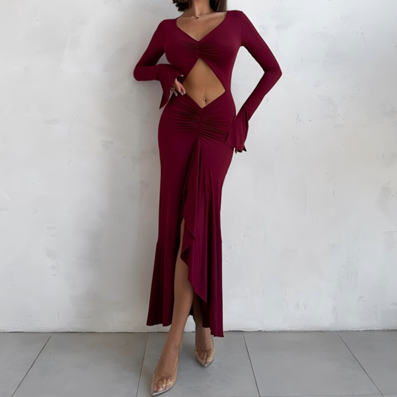 Long sleeve hollow out ruched v neck cut out maxi dress  | Festival Outfits Women