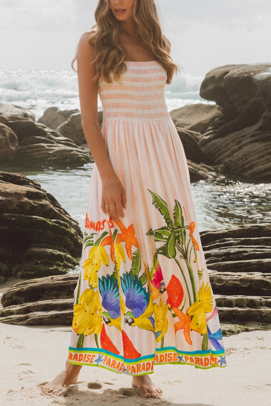 Botanical Print Square Neck Suspender Pleated Casual Vacation Maxi Dress