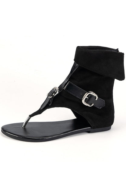 High-top Flat Denim Thong Sandals with Buckle Straps.