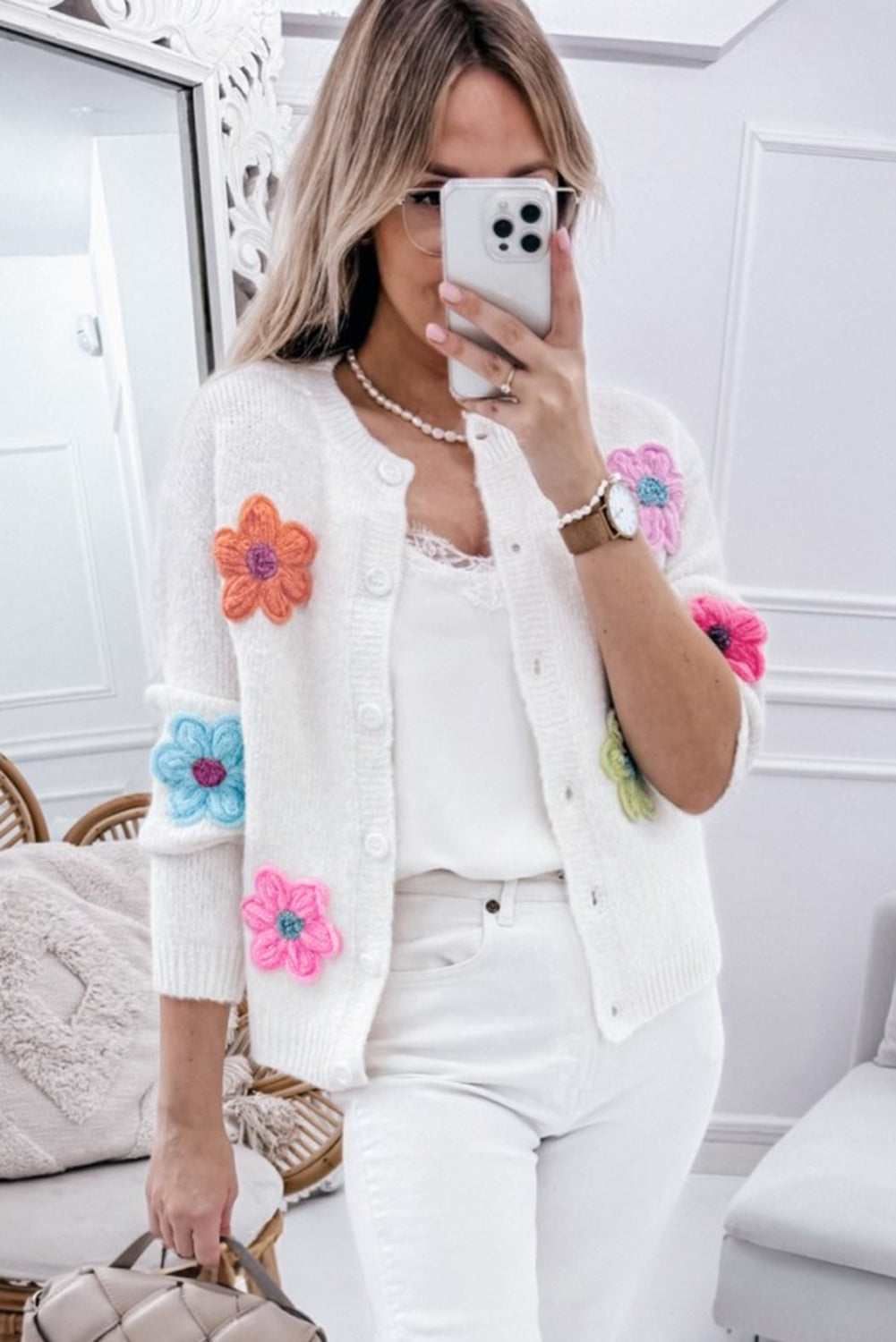 Cárdigan de punto con bordado floral y botones para mujer | Ideal para otoño/invierno