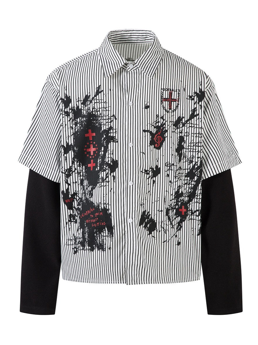 Fake Two-Piece Dark Stripe Long Sleeve Blouse