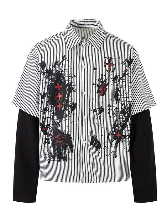 Fake Two-Piece Dark Stripe Long Sleeve Blouse