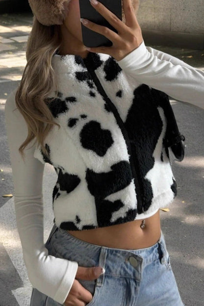 Cow Print Zipper Fuzzy Sleeveless Vest