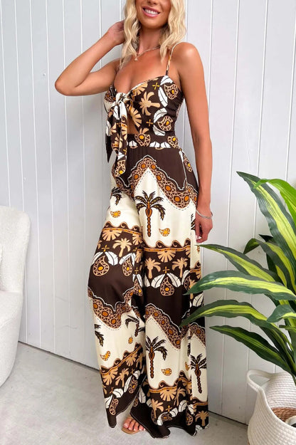 Unique Print Casual Spaghetti Strap High Waist Resort Loose Wide Leg Jumpsuit