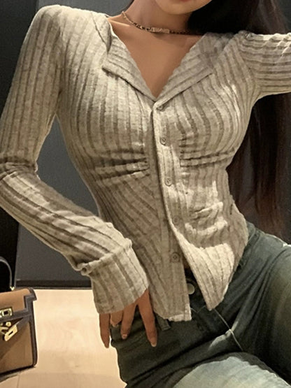 Lapel Neck Ruched Slim Long Sleeve Knit