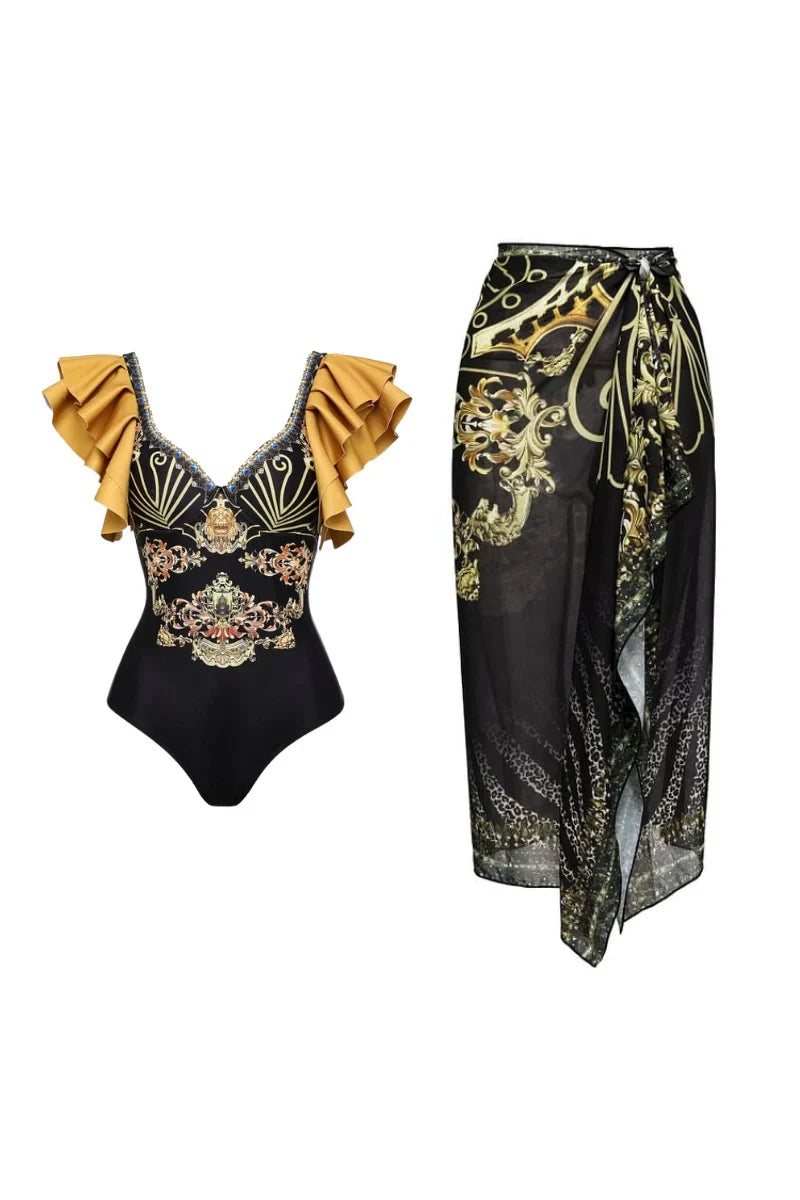 Conjunto de traje de baño con volantes en dorado y negro