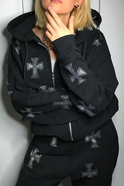 Cross Rhinestone Zip Loose Hoodie