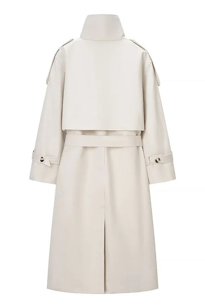Beige Double-breasted Lapel Belted Trench Coat