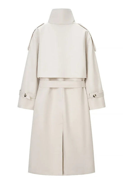 Beige Double-breasted Lapel Belted Trench Coat
