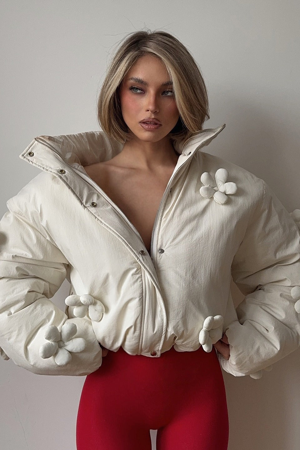 3D Floral Cropped Hooded Puffer Jacket