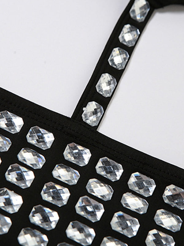Rhinestone Decor Tie Up Backless Halter Vest