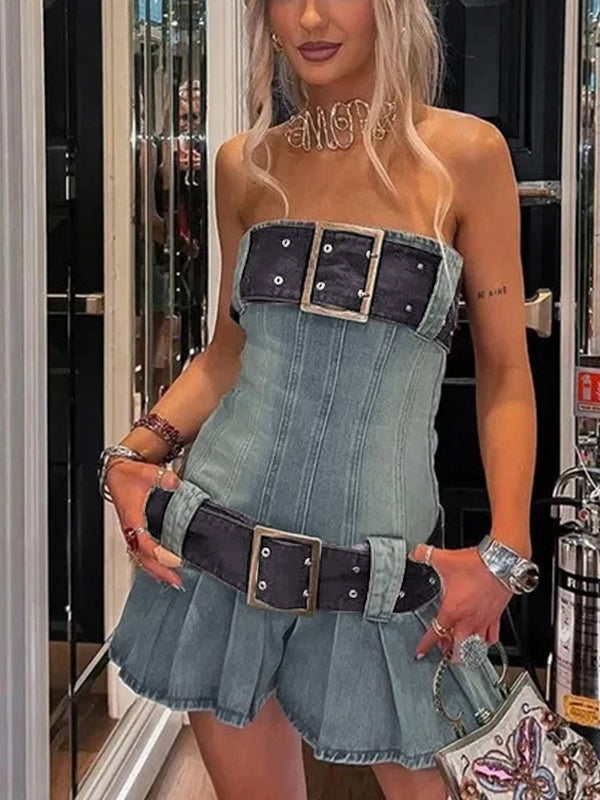 Vintage Denim Belted Bandeau Pleated Mini Dress
