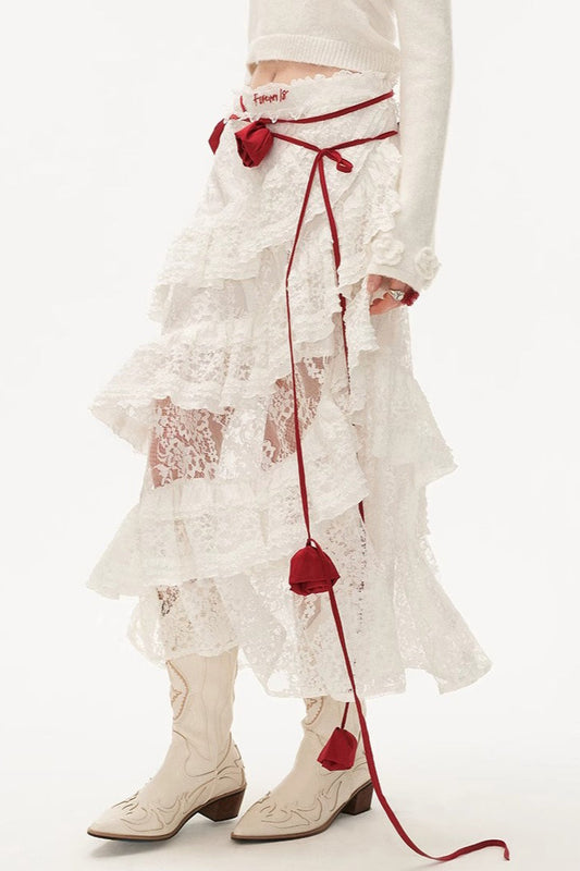 Hot Girl Lace Tiered Mesh Stylish Slim Midi Skirt