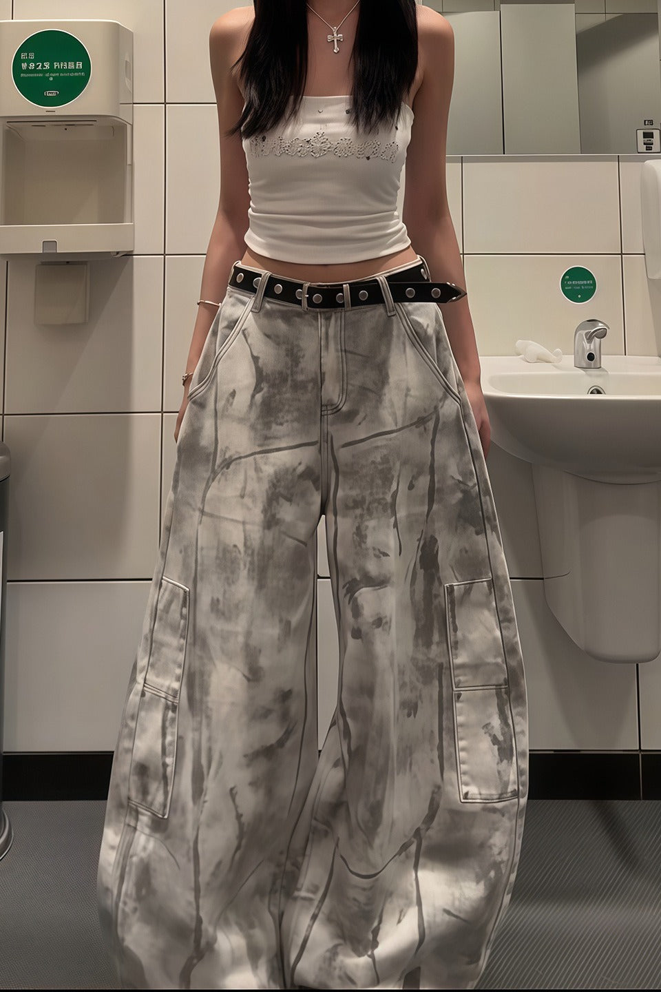 Distressed Dyed Curved Wide Leg Denim Pants