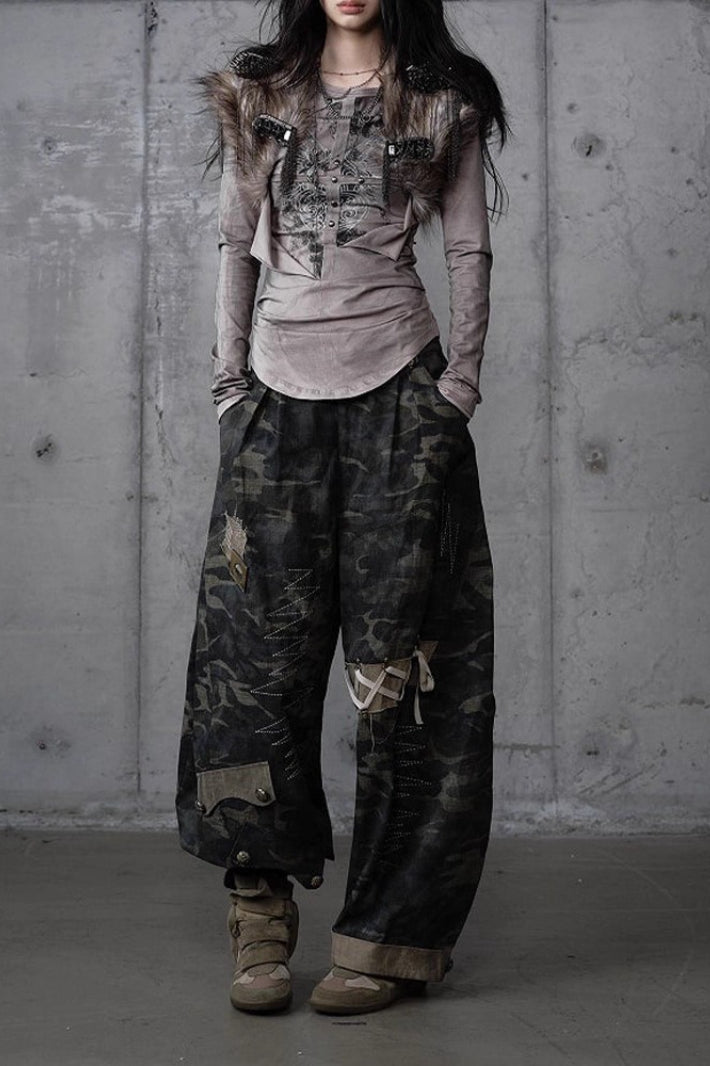 Gothic Fur Rivet Print Vintage Long Sleeve T-shirt