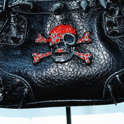 Metal chain o ring skull applique PU leather handbag  | Festival Outfits Women