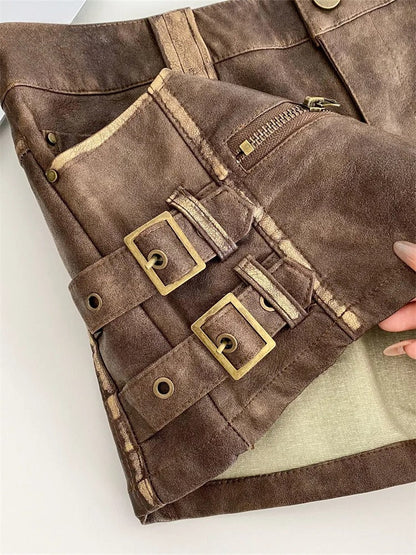 Vintage Zipper Detail Leather Shorts