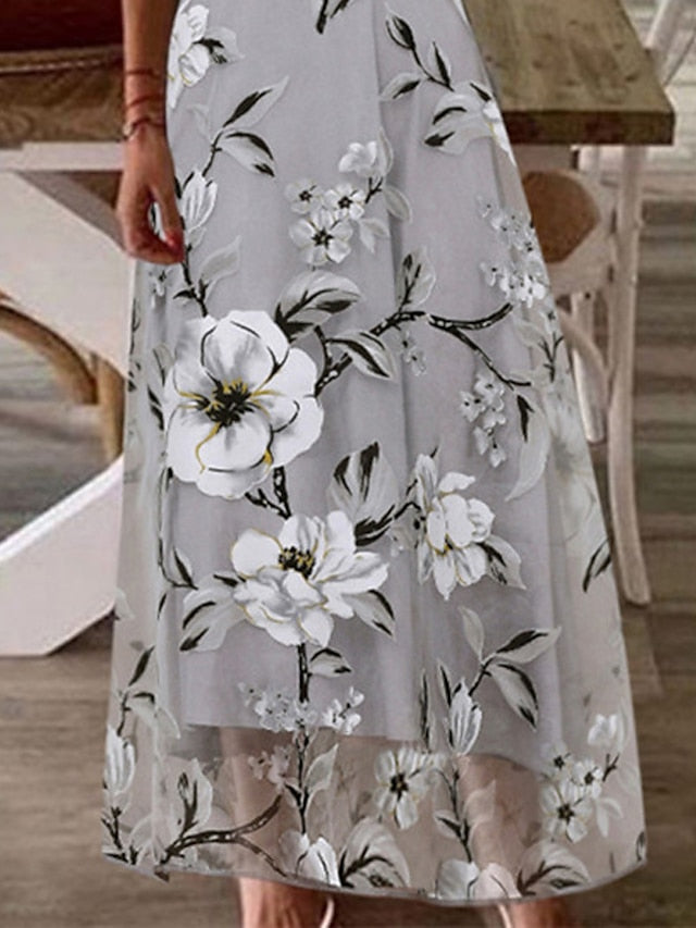 A Line Dress Long Dress Maxi Dress Gray Short Sleeve Floral Lace Spring Summer V Neck Casual  S M L XL XXL for Women