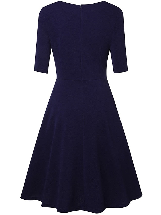 A Line Dress Knee Length Dress Dark Green Navy Blue Beige 3/4 Length Sleeve Pure Color Lace up Fall Spring Round Neck Stylish Elegant Casual Party Slim  S M L XL XXL for Women