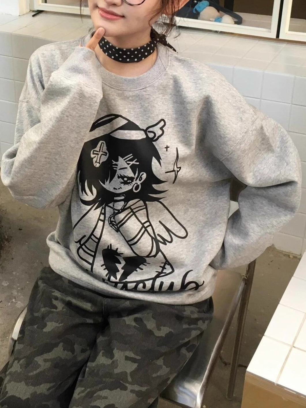 Bandage Angel Print Grey Subculture Loose Sweatshirt