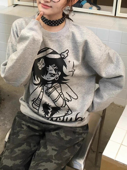 Bandage Angel Print Grey Subculture Loose Sweatshirt