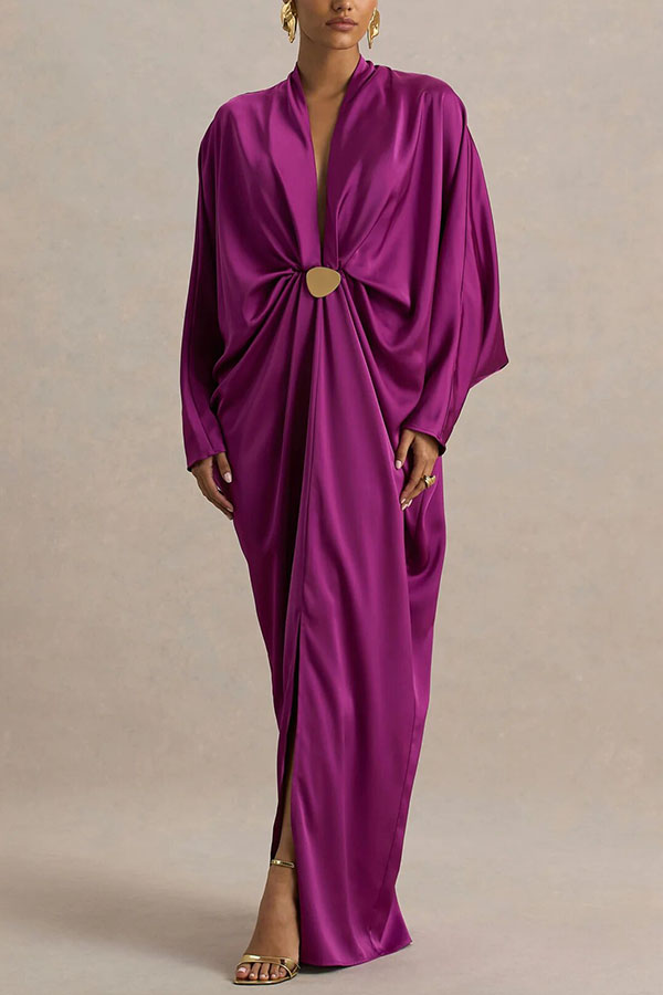 Tina Satin Plunge V-neck Gold Trim Detail Long Batwing Sleeve Maxi Dress