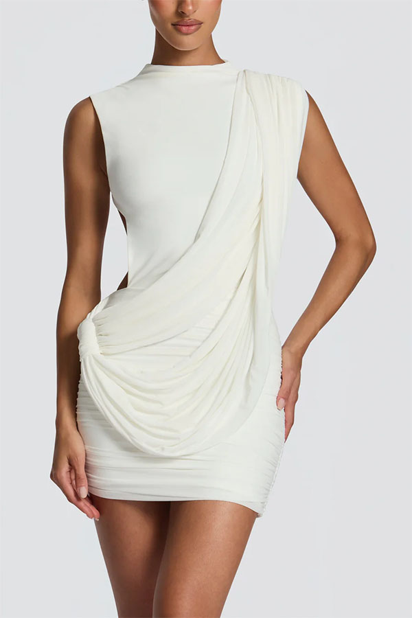 Mireya Mesh and Knit Fabric High Neck Diagonal Drape Backless Mini Dress