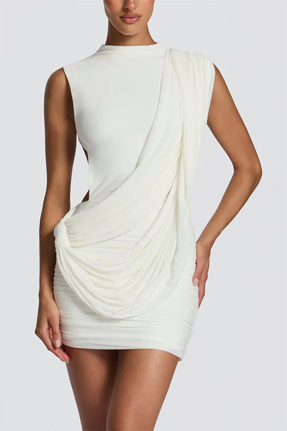 Mireya Mesh and Knit Fabric High Neck Diagonal Drape Backless Mini Dress