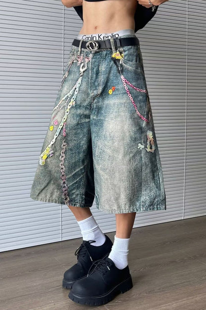 Retro Plus Size Chain Print Wide Leg Denim Shorts