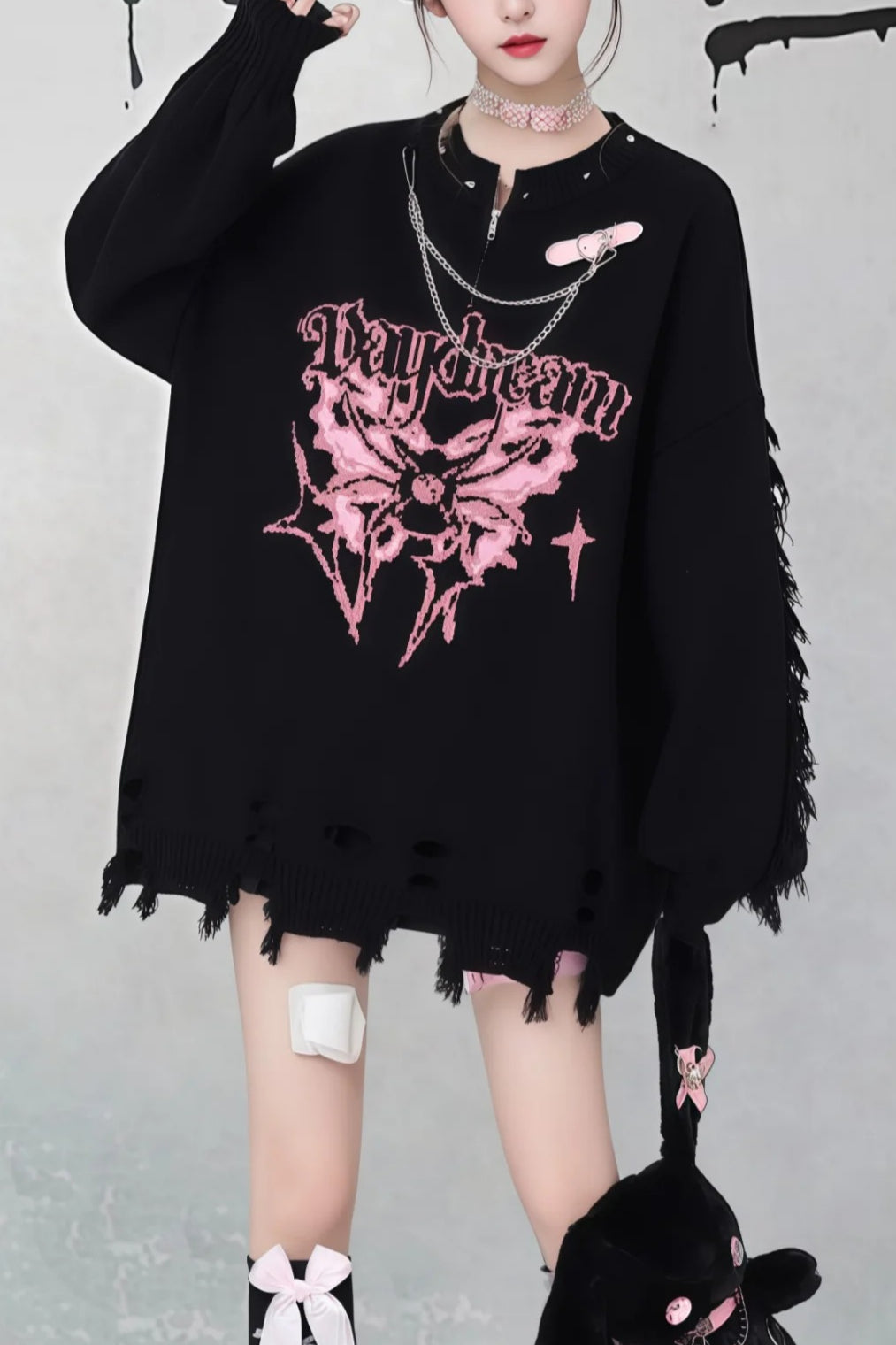 Gothic Y2K Subculture Rivet Print Ripped Loose Knit Sweater