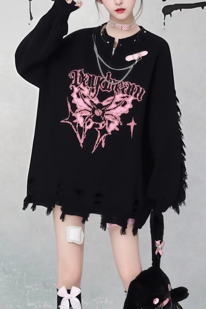 Gothic Y2K Subculture Rivet Print Ripped Loose Knit Sweater