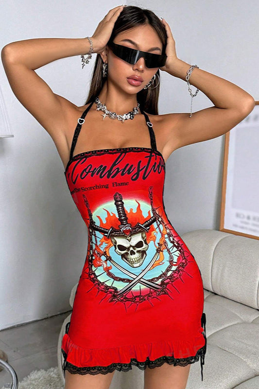 3D Print Halter Lace-Up Mini Dress