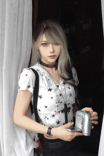 Punk Star Print Slim V-neck Hooded Crop Top