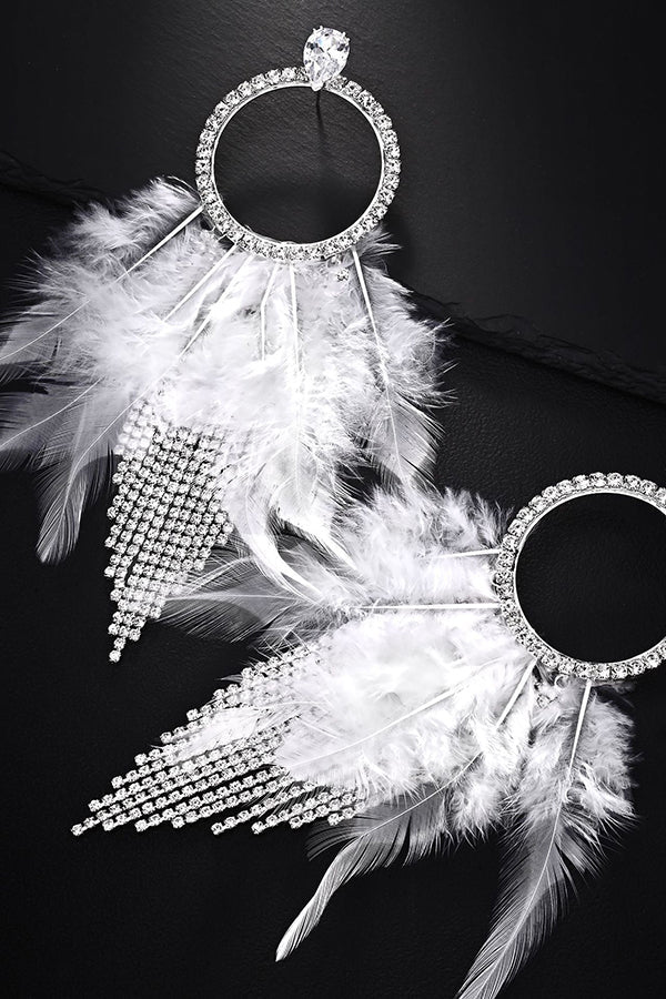 Rhinestone and Feather Tassel Earrings
