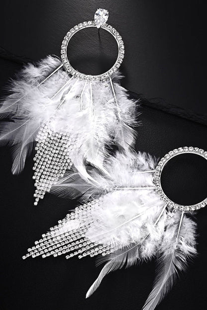 Rhinestone and Feather Tassel Earrings