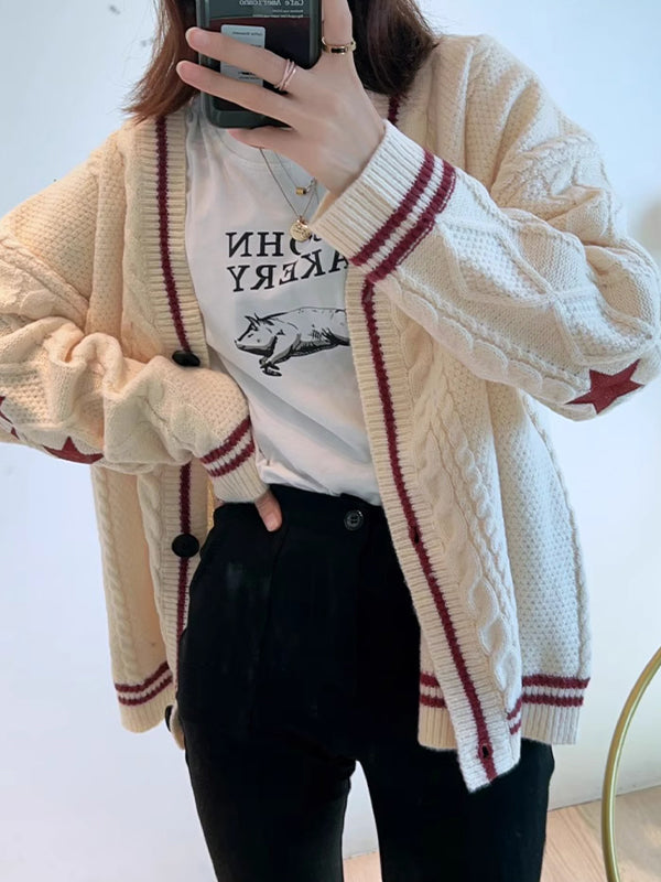 Oversize Star Embroidered Cable Knit Cardigan