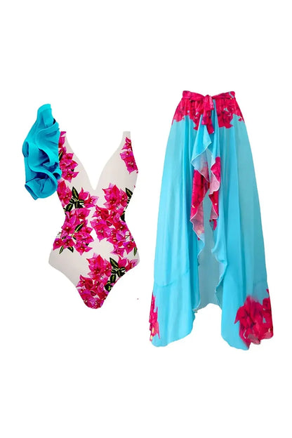 Conjunto de traje de baño de una pieza con volantes florales