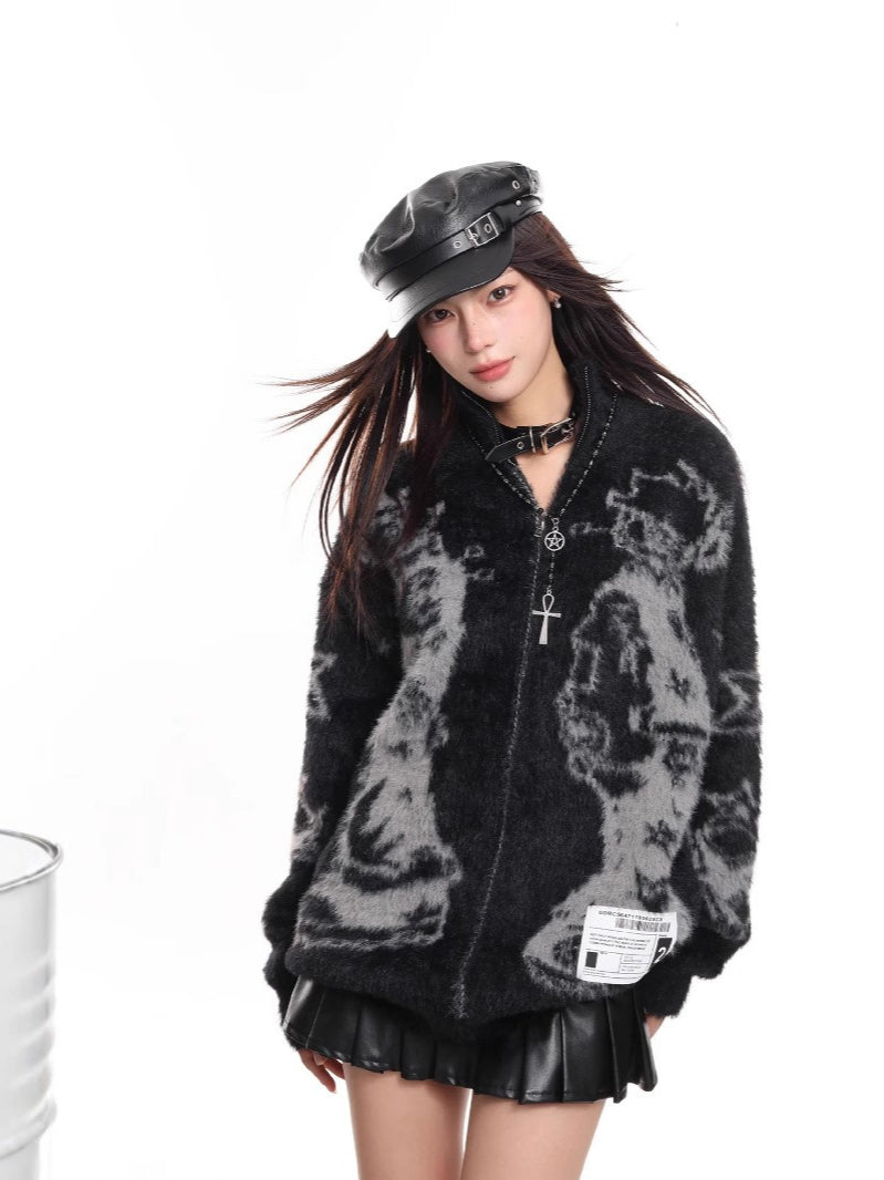 Street Abstract Jacquard Loose Cozy Cardigan Sweater